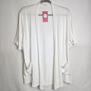 Adaniki Short Sleeve Open Front Cardigan With Pockets, White, Large, NWT-Flaw